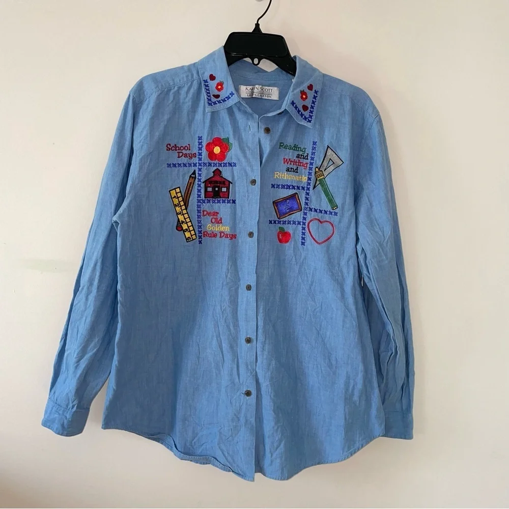 Karen Scott Chambray Cotton Button Down Shirt School Embroidery Size Large - Picture 1 of 7